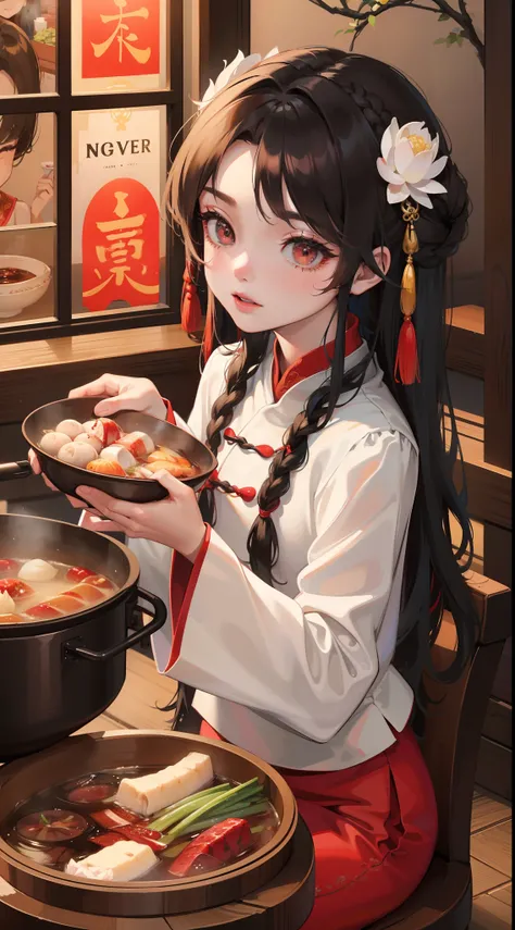 Chengdu girl eats hot pot，Delicate facial features，Delicate，（There is lotus embroidery on the clothes：1.4），（Chinese red：1.4），Lively street stalls，the night，red colour，Abundant hot pot ingredients，Twist braids，8K，super-fine，tmasterpiece，Accurate hands，Detai...