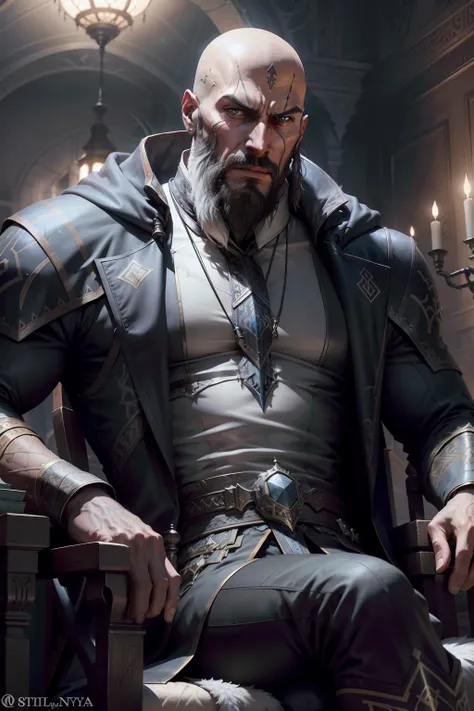 Castlevania Lord of the shadows bald beard handsome sitting in great Legendary riad environnement moroccan hyper realistic super detailed Dynamic shot