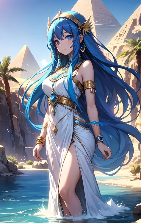 best qualityer，tmasterpiece，Ultimate resolution，downy，Extremely colorful，Colorful，Oasis background，Ancient Egyptian woman，Long azure hair，a matural female，Long white dress in Egyptian style，a white long skirt，Treading water，Desert oasis，Nile River，Normal p...