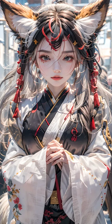 1girl,solo, official art, unity 8k wallpaper, ultra detailed, beautiful and aesthetic, beautiful, masterpiece, best quality, Kitsune witch, fox mask, haori jacket, foxfire spell, fox familiar, transformation,depth of field,