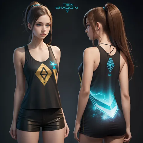 Teen woman wearing a element chart tank top, concept art, 4k