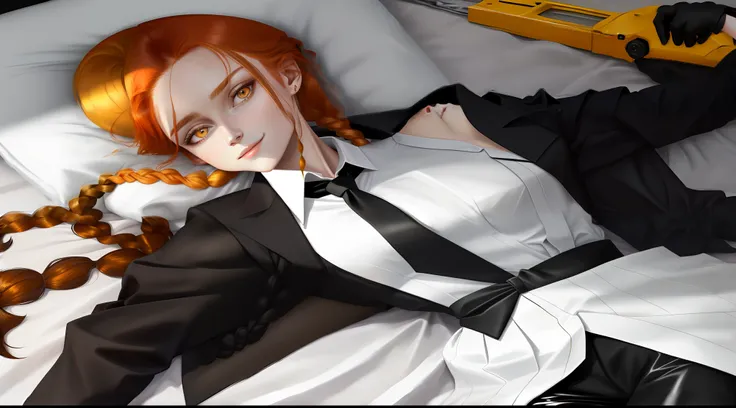 Detailed shiny skin，（Fidelity，Fidelity：1.4），A pretty girl，Lie down in bed，white  shirt，collared shir，black necktie，Black pantsuit，longer sleeves，ssmile（Nasal redness），yellow eyes ，short detailed hair+redheadwear+long braid，makima(chainsawman)