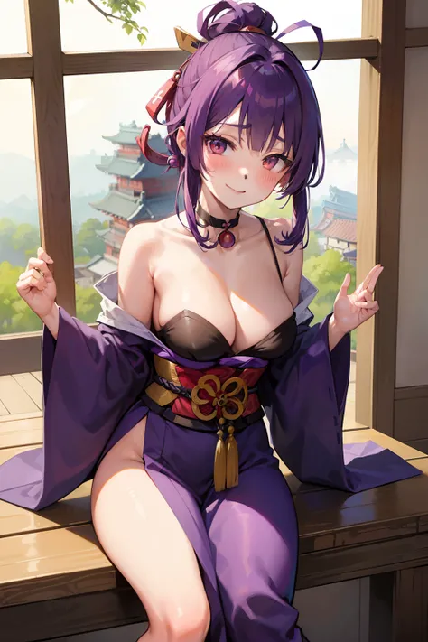 best quality, masterpiece, (leaning over:1.2), 1girl, yuzuriha_(jigokuraku), purple hair, brown eyes, ninja, open clothes, cleavage, small breasts, topknot, medium hair, breasts apart, seductive smile, (blush:1.1), japanese exterior, temple, sengoku period...