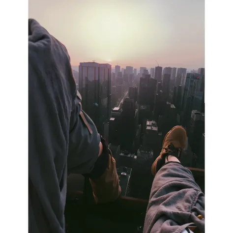 Alafs stepped on the windowsill，Overlooking the city at sunset, sitting on a skyscraper rooftop, chill time. Good view, standing on the roof of a skyscrapper, walking on top of a tiny city, perched on a skyscraper, above city, instagram photo amazing view,...