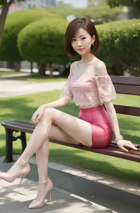 beautiful chinese woman sitting on bench,  wear lace underwear，off-the-shoulder attire，low chest，legs 30 degrees，very beautiful ...