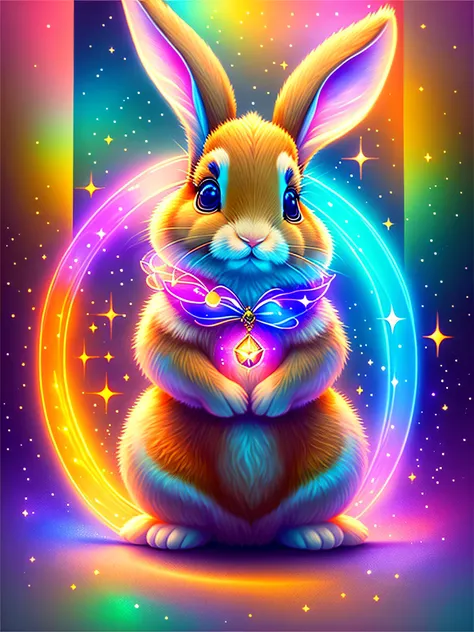 uma pintura de um coelhinho colorido em um fundo preto,, Breathtaking rendering, inside a radiant connection, inspirada em Kinuko Y. craft,, Magical Elements, bunny icon, UAU, its beautiful, casting a colorful multi spell, bright flash, glare