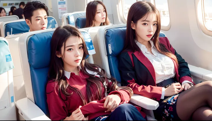 there are two women sitting on a plane with one woman looking at the camera, sakimichan, official, jaeyeon nam, ulzzang, beautiful women, beautiful girls, airplane, official artwork, korean girl, magazine photo, cute girls, official photos, korean artist, ...