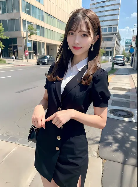 (8k, Best Quality, Masterpiece:1.2), (Realistic, Photorealistic:1.37), Ultra Detail, 1 Girl, Full Body, Outdoor, (Adjusted Hair:1.5) Office Lady, Black Office Blazer, Office Skirt, (pantyhose: 1.2), (short button-down shirt: 1.2), button-up collar prim, bu...