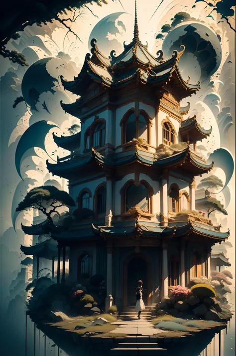 absurd, high resolution, ultra-detailed, (1 girl:1.3), broken, design a beautiful temple scene, intricate architecture, lush gar...