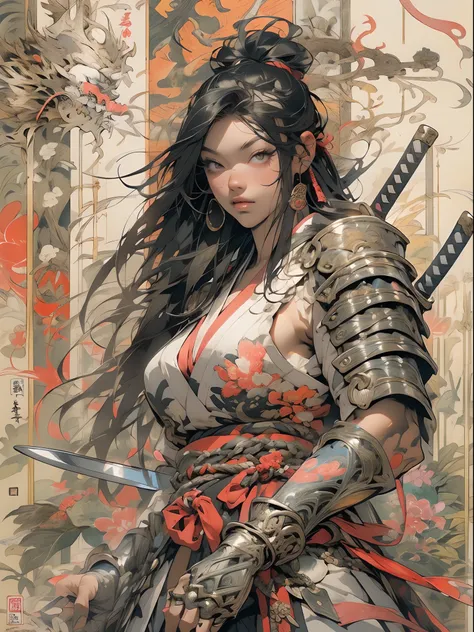 (((mulher))), (((melhor qualidade))), (((obra prima))), (((adulto))), ((( Japanese ))), ((( de costas ))), view from the knee up, A beautiful Asian samurai woman with perfect body, Samurai Moderno, ((( Asian))), Hand with gloves and protection on the left ...