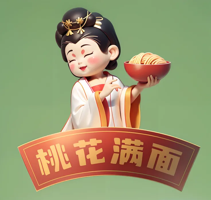 (Masterpiece),(Best quality),(Ultra detailed), Masterpiece, High quality, Best quality, 3Drenderingof, 1girll, Holding a bowl of noodles in his hand, Bright red bowl，Cherry small mouth, Squint and smile, (Black bun:1), （Black color hair:1），white backgrouni...