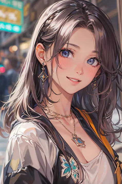 ((Best picture quality, 8K, tmasterpiece:1.3)), 1 female, Beautiful woman with slender abs:1.3, (Casual hairstyle,:1.2), Random color clothes，cropped shoulders，Crop topping,Exposed cleavage， Ultra-fine face, A detailed eye, 二重まぶた，ssmile，flowy，The street ba...