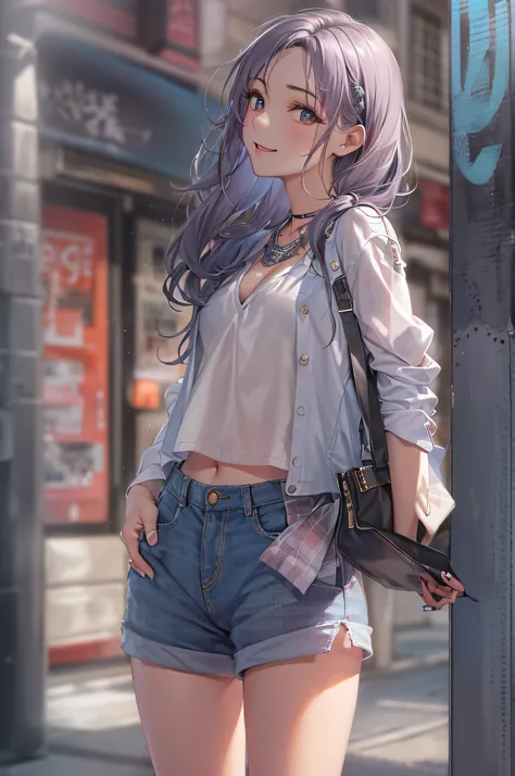 ((Best picture quality, 8K, tmasterpiece:1.3)), 1 female, Beautiful woman with slender abs:1.3, (Casual hairstyle,:1.2), Random color clothes，cropped shoulders，Crop topping,Exposed cleavage， Ultra-fine face, A detailed eye, 二重まぶた，ssmile，flowy，The street ba...