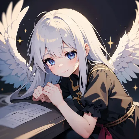 angelicales、teens girl、Beautiful fece、cute little、tears、mournful、a smile、Crying and laughter、Skysky、pluma、Circle of Angels、white  hair、Longhaire、1girl in