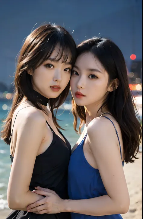 (Two Chinese stars with the style of royal sisters,duo,caressing the,Kissing,on the beach), ((Best quality, 8K, Masterpiece: 1.3)), Focus: 1.2, Perfect body beauty: 1.4 , (funny expression), (Night Street: 1.3), Highly detailed face and skin texture, Fine ...