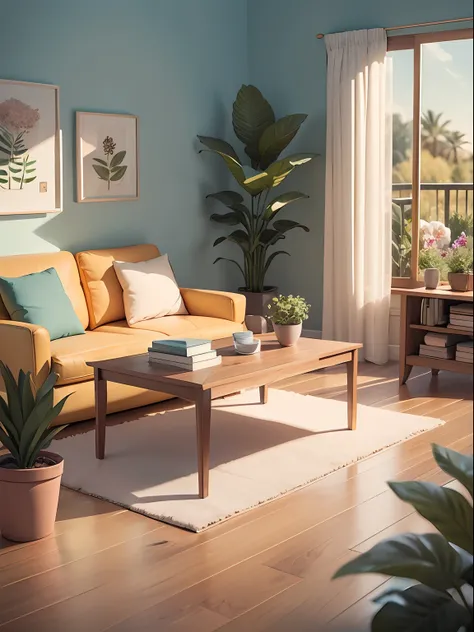 Illustration of coffee table drawn in cartoon style. Add natural elements, As plants and flowers, And use a soft color palette to create a relaxing atmosphere.