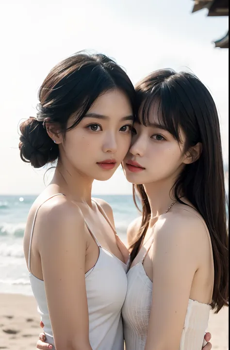 (two chinese stars with the style of royal sisters,duo,caressing the,kissing,on the beach), ((best quality, 8k, masterpiece: 1.3...