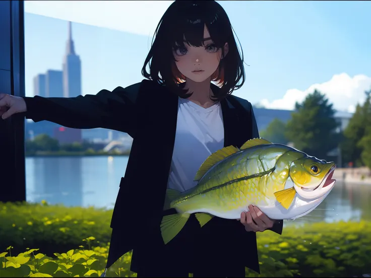 ((((Catch big fish by the lakeside)))),((Best Quality, masterpiece :1.3)),((( Large Mouth Bass))),hight resolution,ultra-detailliert,Beauty and aesthetics,​masterpiece,best qualtiy,(1 Japanese 22 years old woman),Black hair, long eyeslashes, Solid Circle E...