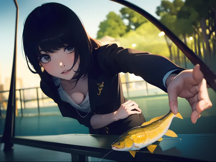 ((((Catch big fish by the lakeside)))),((Best Quality, masterpiece :1.3)),((( Large Mouth Bass))),hight resolution,ultra-detailliert,Beauty and aesthetics,​masterpiece,best qualtiy,(1 Japanese 22 years old woman),Black hair, long eyeslashes, Solid Circle E...