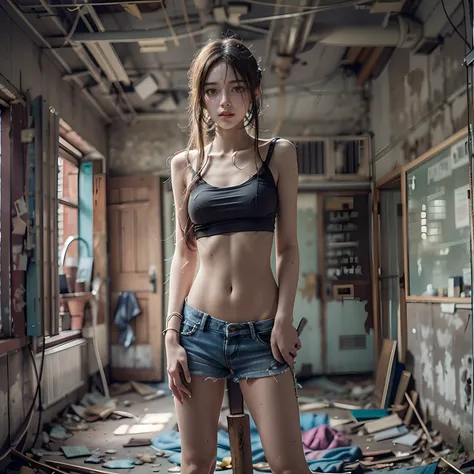 Abandoned school sexy standing pose，full-body portraits（1：1），18 years old girls，Slender and slender figure，Skinny，As thin as a whipping post，Smaller bust，The barefoot，Random nudity all over the body，exhibitionists，Random exposure of genitals，face to the vi...