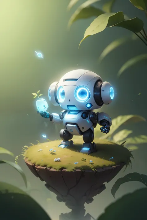 A cute little robot with blue eyes and white body, holding a green seed, looking down at the seed on his palm, outstretched arm