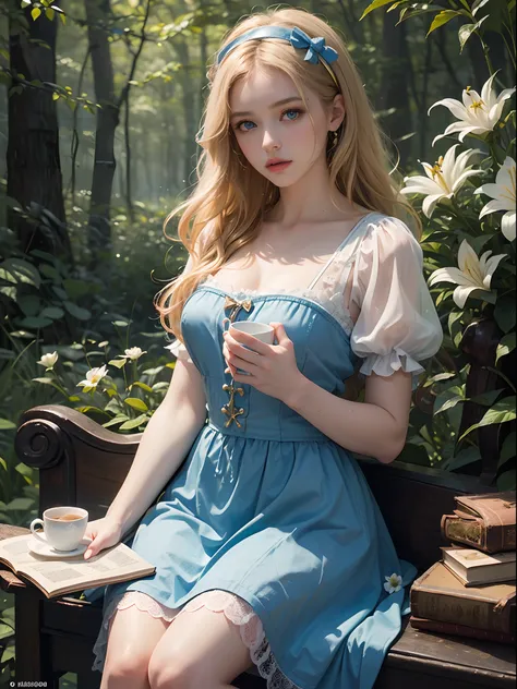 Unbeatable masterpiece, Ultra photo realsisim, Perfect artwork, Intricate details, Best quality, Strong light,High contrast,  (alice in the wonderland:1.25) , baroque , Lovely fantastic and colorful , Outdoors (forest:1.2)(Depth of field:1.25) , (Solo:1.5)...