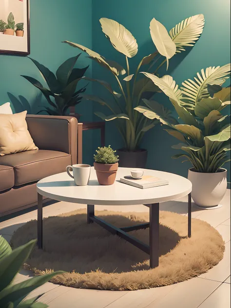 Illustration of coffee table drawn in cartoon style. Add natural elements, As plants and flowers, And use a soft color palette to create a relaxing atmosphere.