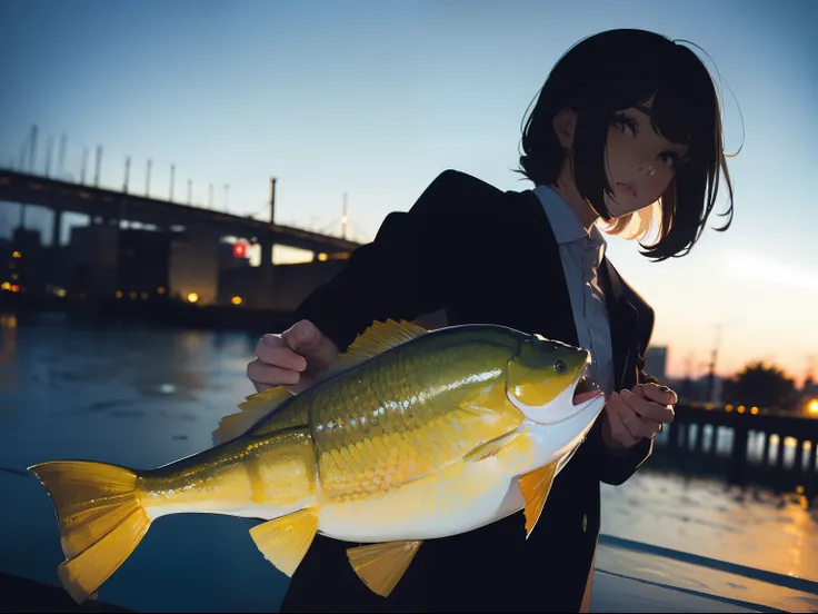 ((((Catch big fish by the lakeside)))),((Best Quality, masterpiece :1.3)),((( Large Mouth Bass))),hight resolution,ultra-detailliert,Beauty and aesthetics,​masterpiece,best qualtiy,(1 Japanese 22 years old woman),Black hair, long eyeslashes, Solid Circle E...