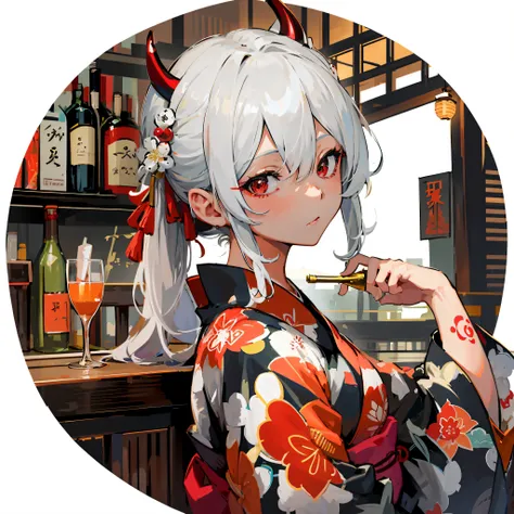 Anime girl in kimono costume with glass of wine, portrait onmyoji, Onmyoji, Kantai Collection Style, shikamimi, at pixiv, Lori, white haired god, pixiv style, onmyoji detailed art, Trending on ArtStation pixiv, digital art on pixiv, anime girl drinks energ...