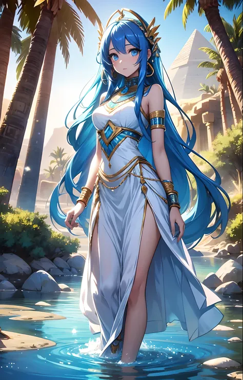 best qualityer，tmasterpiece，Ultimate resolution，downy，Extremely colorful，Colorful，Oasis background，Ancient Egyptian woman，Long azure hair，a matural female，Long white dress in Egyptian style，a white long skirt，Treading water，Desert oasis，Nile River，Normal p...