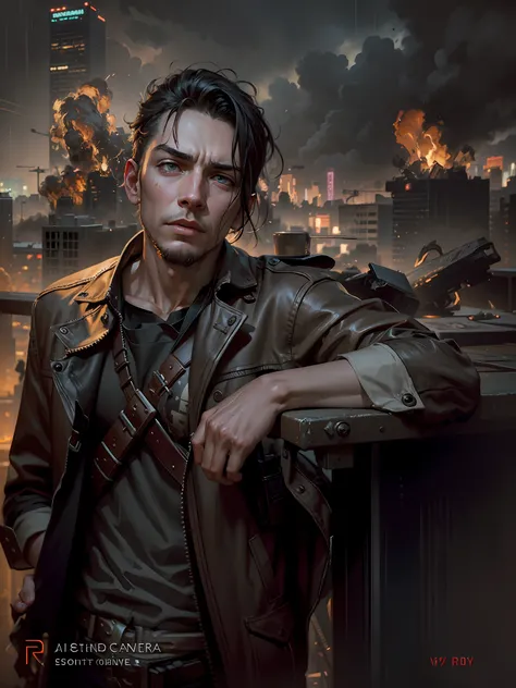 Jeremy Mann, realistic, male, (color), post-production, intricate, (radiosity), dark red eyes, (highest quality), neon city background, gloomy, depressed, dim, A close-up of a somewhat vicissitudes of a male with a deep expression, deep eyes, serious, fire...