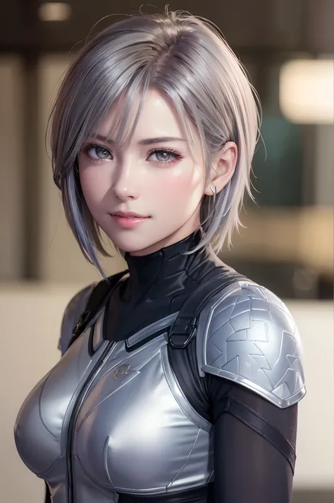 (8k, photorealistic, RAW photo, top quality: 1.4), (1girl), super beautiful, (realistic face), (boyish, silver-colored berry short hair), beautiful cyberpunk suit, glares seducing viewer, beautiful expression, beautiful breasts, (realistic skin), beautiful...