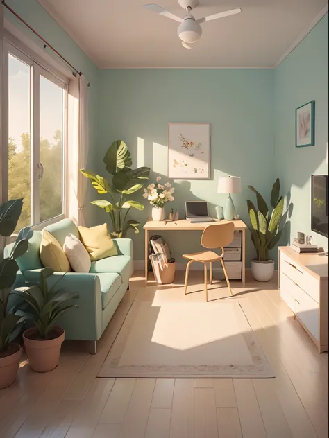 Bedroom illustration drawn in cartoon style. Add natural elements, As plants and flowers, And use a soft color palette to create a relaxing atmosphere.