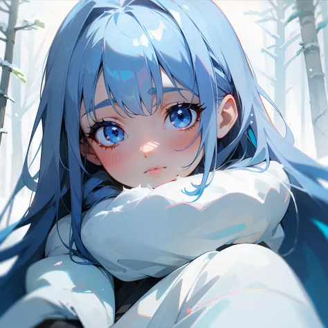 1girl, (teen), (close up), (cute:1.2), closed mouth, swet lips, (rosy cheeks), (shy), (pale skin), (dark blue eyes), (blue hair), (long hair), (long strands), (cold:1.4), (young pine forest), (snow),