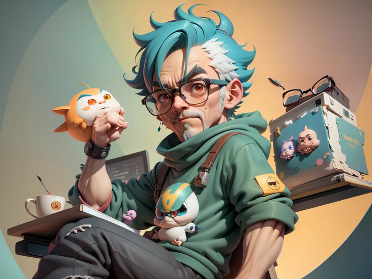 A young man with glasses sits at his desk，holding laptop，digitial painting，3D character design by Mark Clairen and Pixar and Hayao Miyazaki and Akira Toriyama，4K HD illustration，Very detailed facial features and cartoon-style visuals。