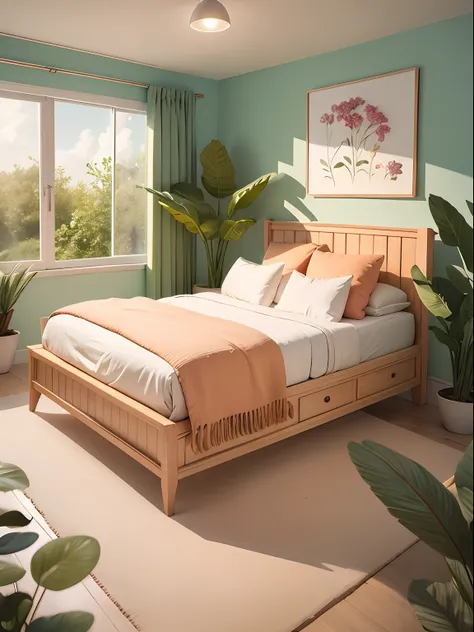 Bedroom illustration drawn in cartoon style. Add natural elements, As plants and flowers, And use a soft color palette to create a relaxing atmosphere.