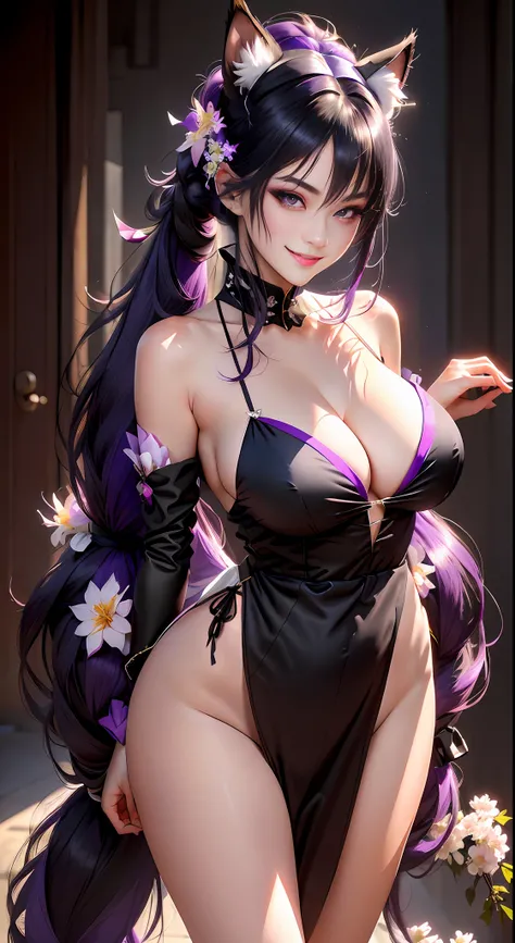 A beautyful girl，crisp breasts，cleavage，slender leg，Big breasts Thin waist，White flowers，Black hair, long eyelasher, Fake animal ears, Light smile, Fang, Purple hair, Black hair, pony tails, double tails, Very long hair, widow peak, Hair ribbon, maid headd...