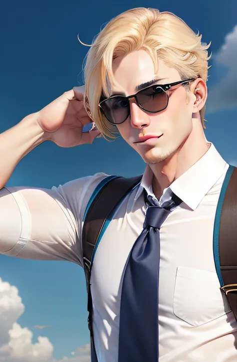 Male teacher，blond hairbl，blueneyes，ssmile，Lunette de soleil，Hold sunglasses。