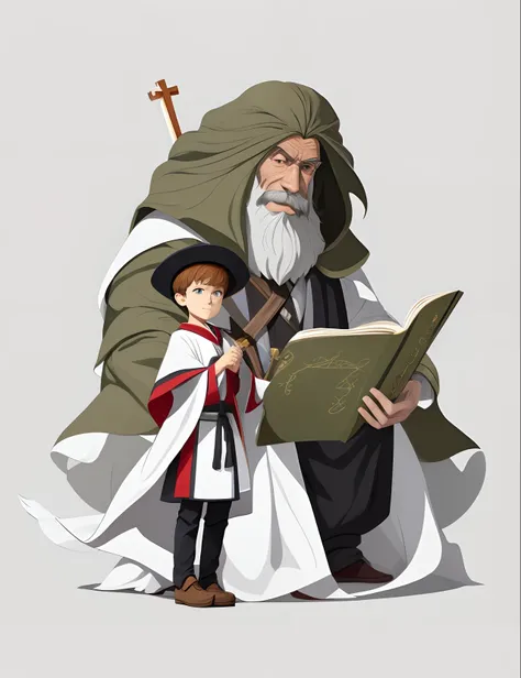 There is a man and a boy standing together, tolkien and michael komarck, young wizard, by Kamisaka Sekka, krenz cushart and asher duran, official character illustration, boromir in an 80s anime world, tower of god, Official art, Boromir in the world of ani...