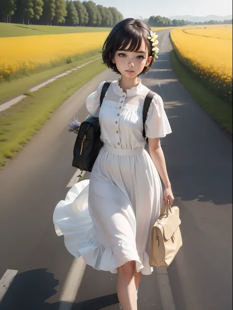 Girl in white dress，Carrying a school bag，Short hair walking down country roads, and a variety of flowers open on the side of the road, butterflies flying