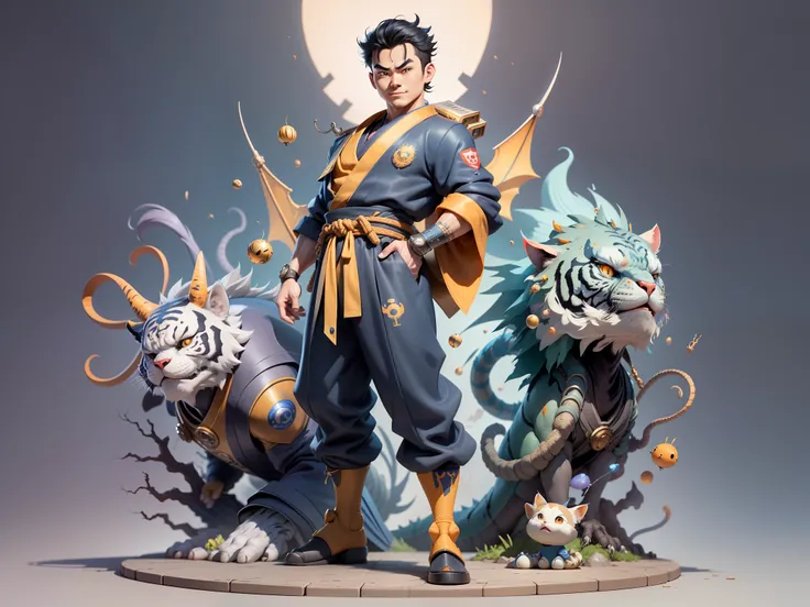 (Masterpiece), (Excellent), (Super Meticulous), (Full Body: 1.2), Super Young Man, Oriental Face, Japanese Kimono, Japanese Wind Thunder God, Dragon, Tiger, TV Anchor, Bust Portrait Illustration, Alone, Black Suit, Blue Tie, Slightly Chubby Face, Very Clea...