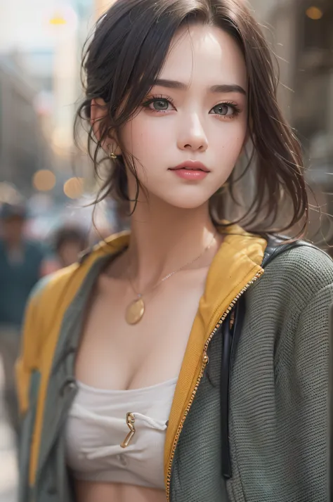 ((Best picture quality, 8K, tmasterpiece:1.3)), 1 female, Beautiful woman with slender abs:1.3, (Casual hairstyle,:1.2), Random color clothes，cropped shoulders，Crop topping,Exposed cleavage， Ultra-fine face, A detailed eye, 二重まぶた，ssmile，flowy，The street ba...