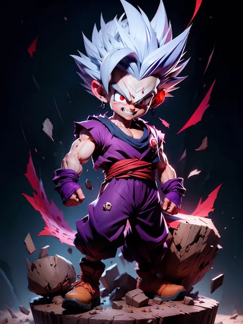 masterpiece, best quality, ultra-detailed, Adult Gohan 1boy, solo, Full body, evil smile, grey hair, spiked hair, (((red eyes))), (((perfect eyes))), (((PURPLE dougi))), full body, looking at viewer, male focus, earth (planet), planet, space, cracked groun...