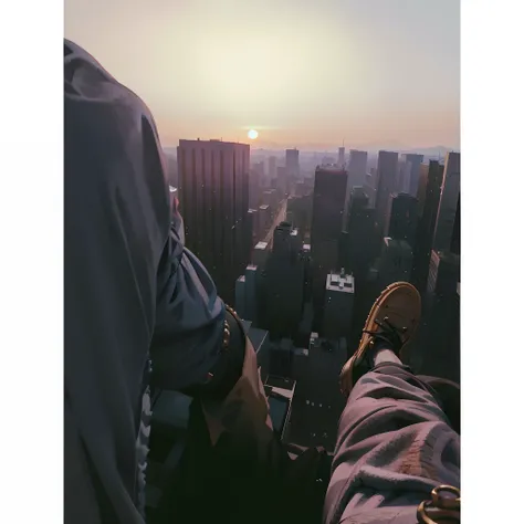 Overlooking the city at sunset, sitting on a skyscraper rooftop, standing on the roof of a skyscrapper, standing on top of a skyscraper, above city, during sunrise, soaring above a dense city, chill time. Good view, walking on top of a tiny city,, Instagra...