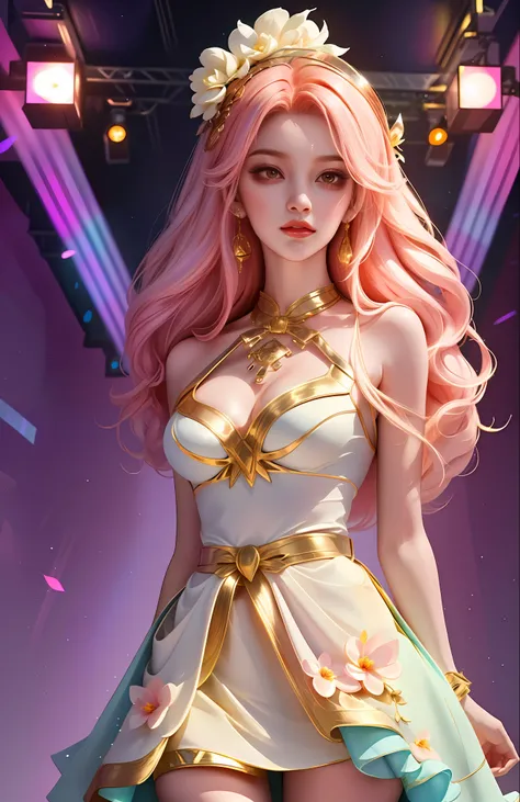 1girll，full body，idoly，Stage costumes，be on stage，holding a mic，Neon stage，Projector lamp lighting，Stage background，Flowers bloom，Seven-color lights，(Masterpiece),(Best quality:1),(超高分辨率:1),the wallpaper, Detailed illustration, detailed beautiful skin, 1gi...