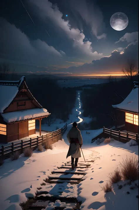 There is a man walking towards his house on a snowy road, inspired by Kanō Hōgai, inspired by Kanō Sanraku, Beautiful and cinematic lighting, realistic fantasy render, Inspired by Koshiro Onchi, inspired by Yoshihiko Wada, winter concept art, makoto sinkai...