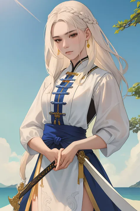 nsfw, obra-prima, melhor qualidade, ultra-detalhado, semi-realista, detailedfacialfeatures, 1girl, cabelo branco, cabelo longo, olhos vermelhos, wearing old xianxia clothes displaying her bust carrying a sword in her hands.