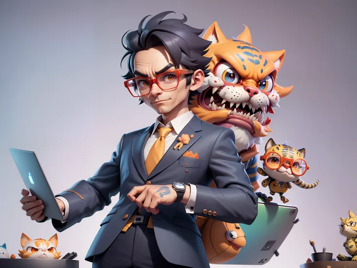 A young man in a suit, Short hair and glasses sat at his desk，holding laptop，digitial painting，tigre，3D character design by Mark Clairen and Pixar and Hayao Miyazaki and Akira Toriyama，4K HD illustration，Very detailed facial features and cartoon-style visu...