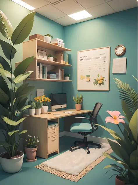 Office illustration drawn in cartoon style. Add natural elements, As plants and flowers, And use a soft color palette to create a relaxing atmosphere.