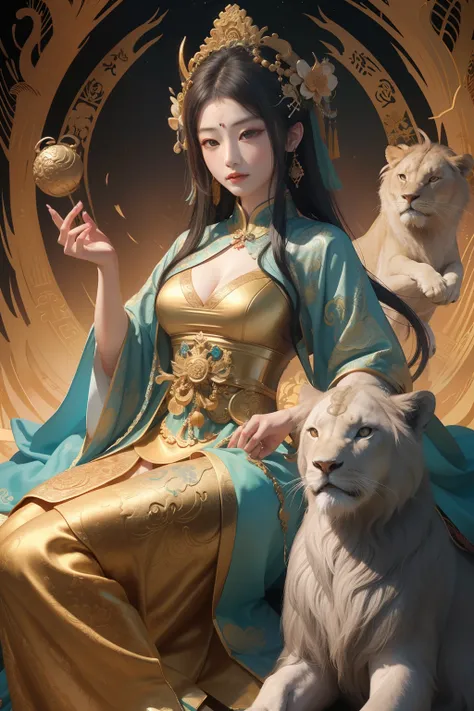 an ancient Chinese goddess, guanyin of the southern seas, Guanyin, Inspired by China, Avalokiteshvara rides a lion，,Serene expression,shui mo hua,Buddha,Buddhist,Lotus,Chinese painting style,Thangka style